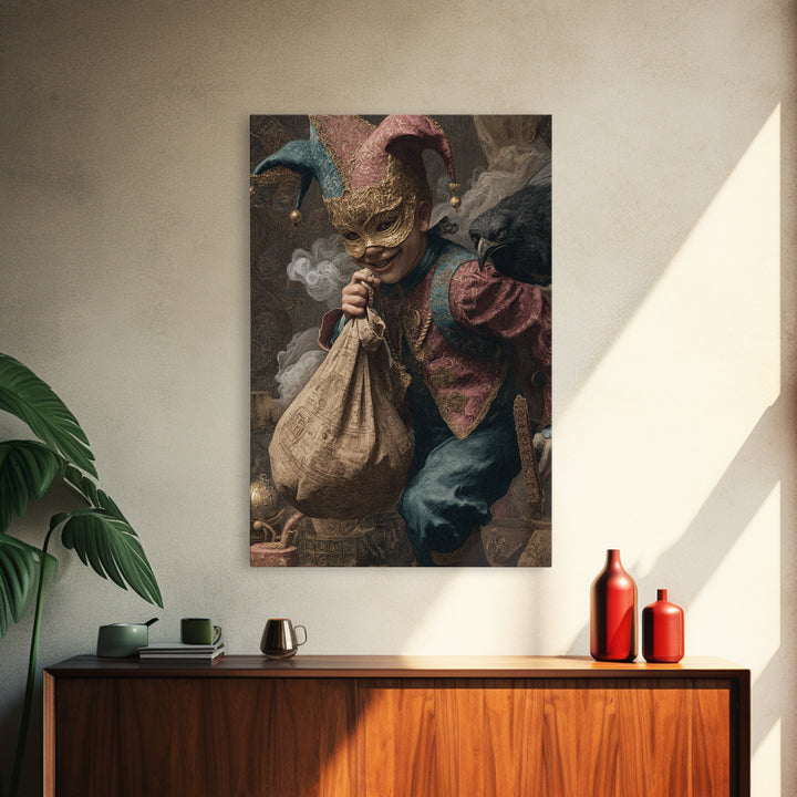 The Masked Candy Collector, Ornate Symbolist Art, Vertical Wall Art, Dark Fantasy Wall Art, Framed Canvas Print, Halloween Wall Art