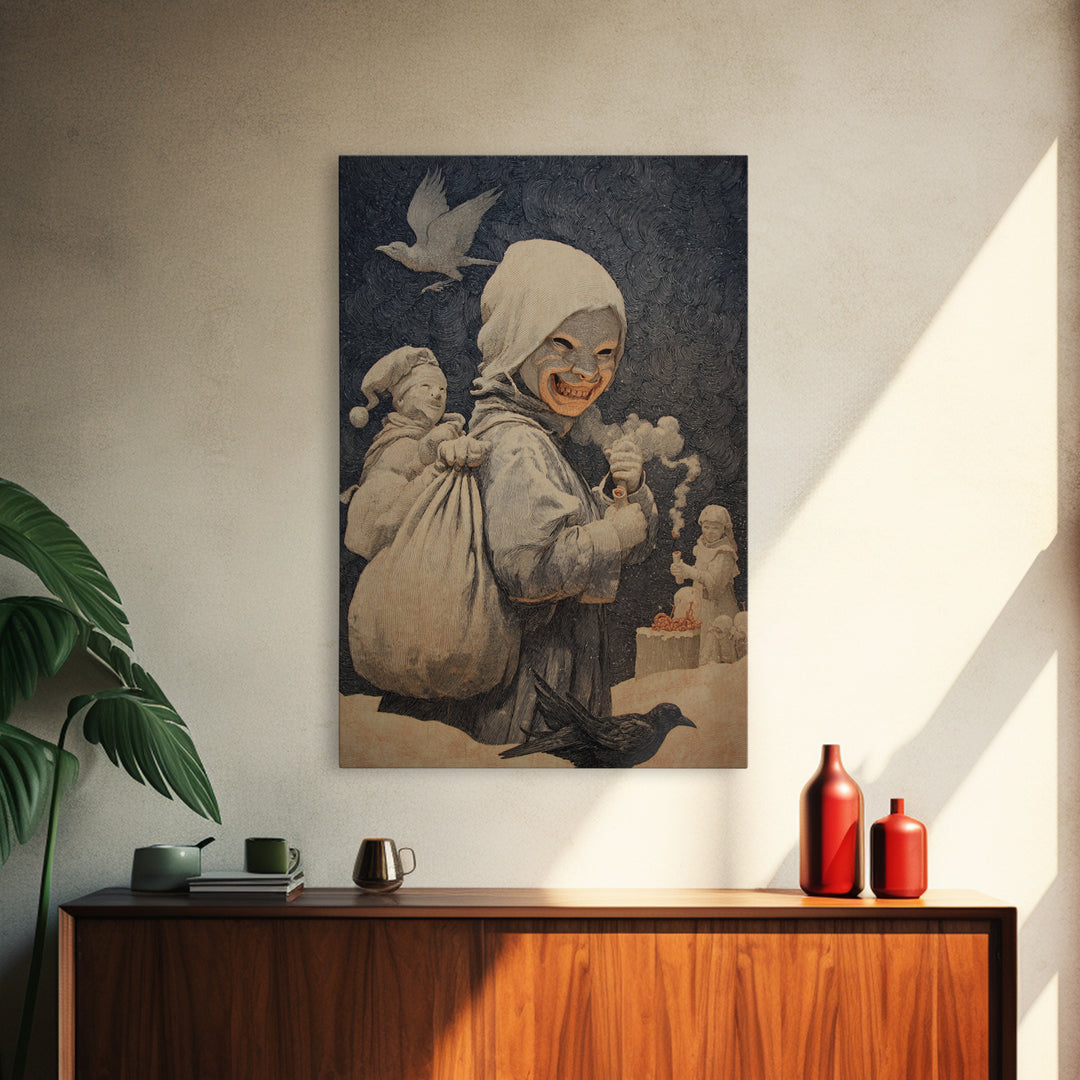 The Masked Candy Collector, Symbolist Death Art, Vertical Wall Art, Dark Halloween Decor, Canvas Print, Halloween Wall Art