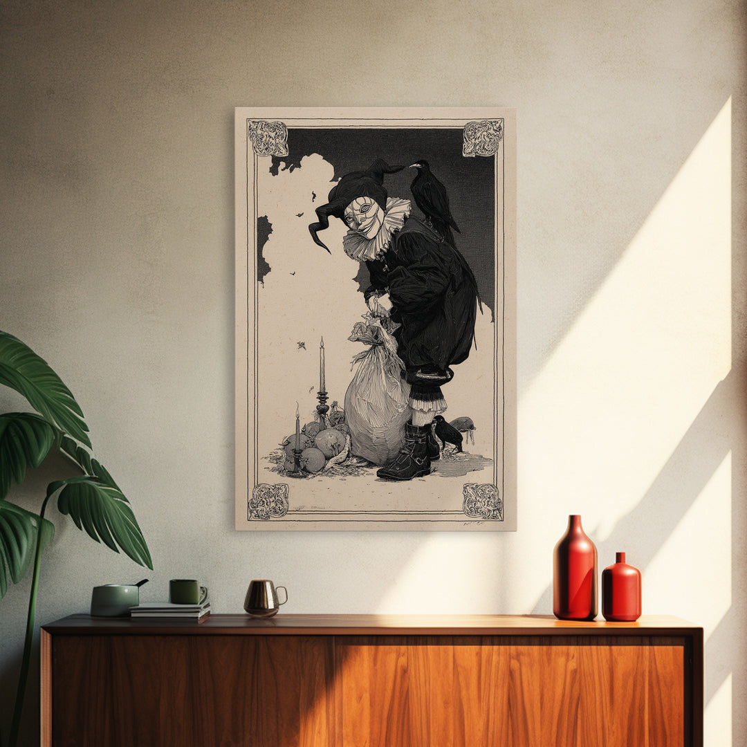 The Masked Candy Collector, Decadent Line Art, Vertical Wall Art, Macabre Wall Art, Canvas Print, Halloween Wall Art