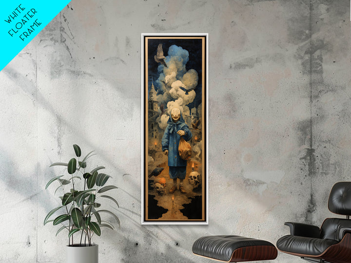The Masked Candy Collector, Surreal Apocalyptic Art, Tall Narrow Wall Art, Macabre Wall Art, Canvas Print, Halloween Wall Art