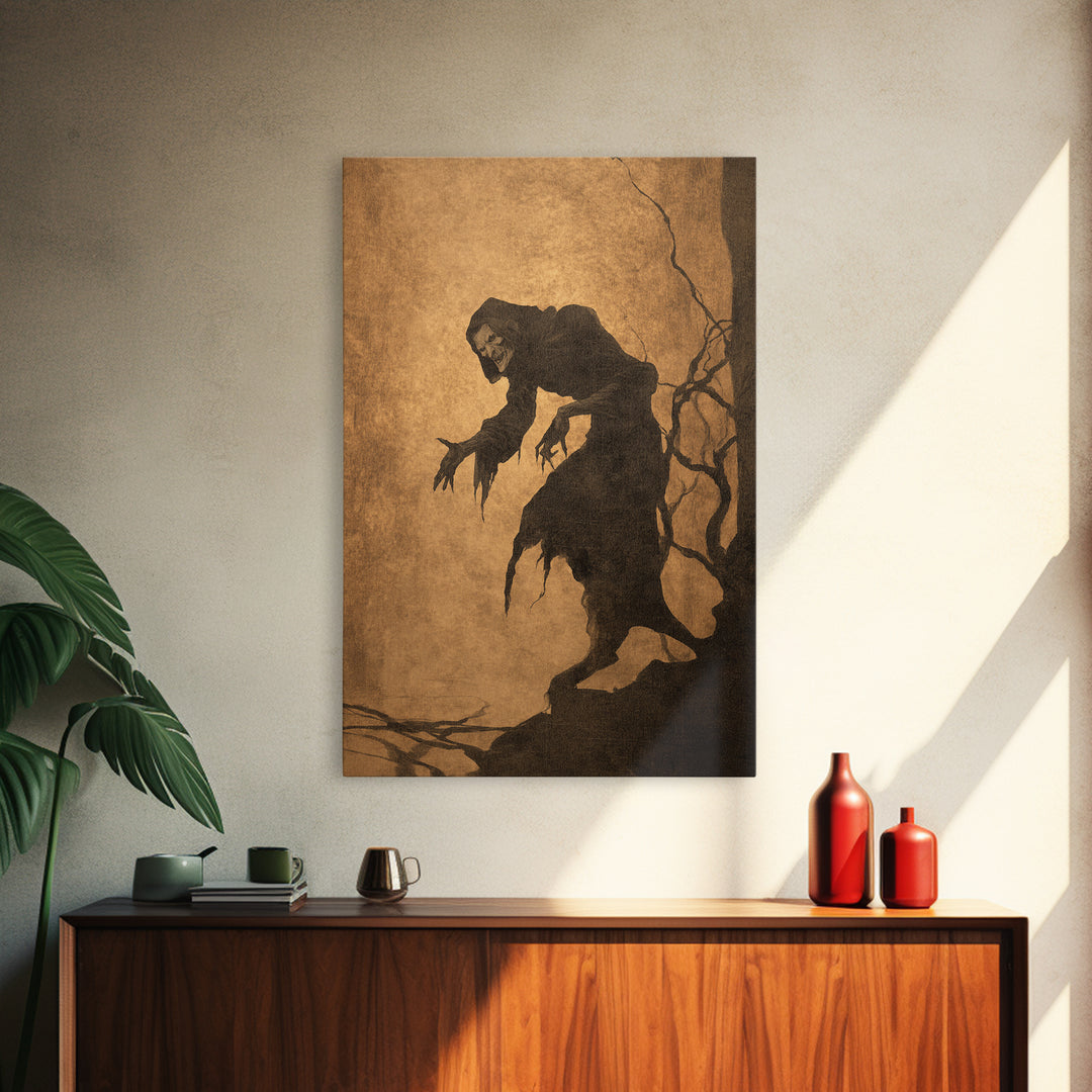 The Shadow Person, Gothic Storybook Art, Vertical Wall Art, Gothic Horror Wall Art, Framed Canvas Print, Halloween Wall Art