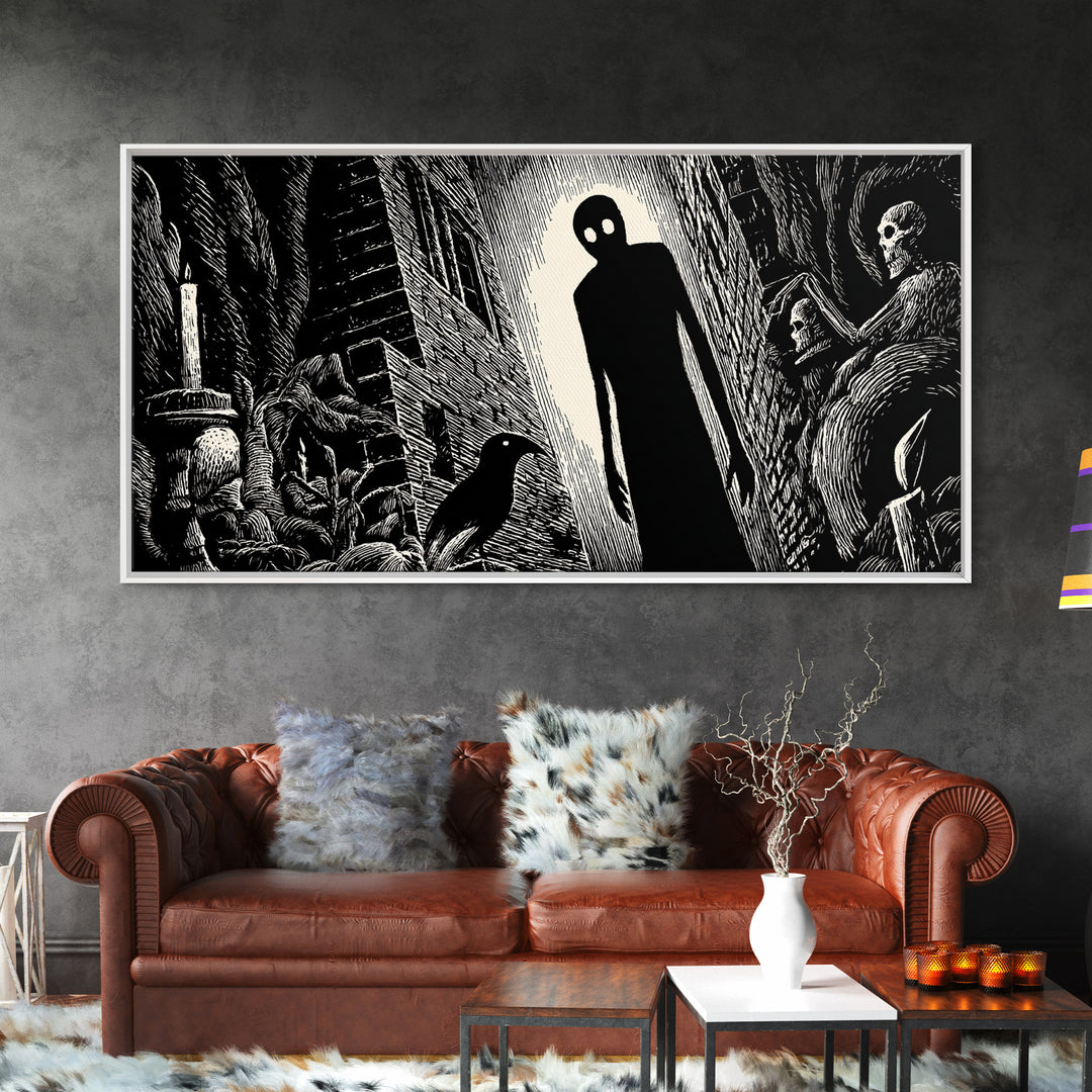 The Shadow Person, Macabre Folk Print Art, Wide Panoramic Art, Dark Halloween Decor, Canvas Print, Halloween Wall Art