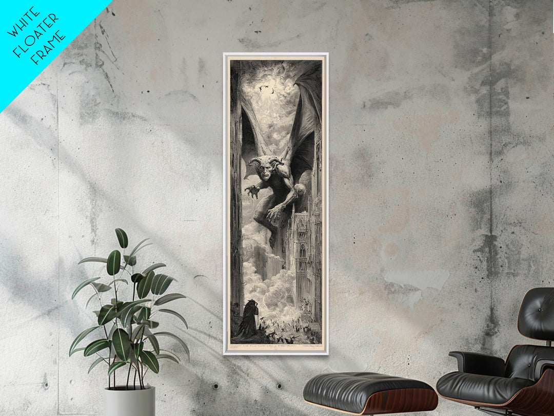 The Gargoyle Sentinel, Gothic Engraving Art, Tall Narrow Wall Art, Gothic Horror Wall Art, Framed Canvas Print, Halloween Wall Art