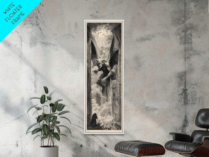 The Gargoyle Sentinel, Gothic Engraving Art, Tall Narrow Wall Art, Gothic Horror Wall Art, Framed Canvas Print, Halloween Wall Art
