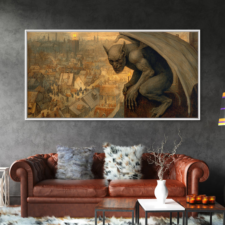 The Gargoyle Sentinel, Northern Renaissance Horror, Wide Panoramic Art, Gothic Horror Wall Art, Canvas Print, Halloween Wall Art