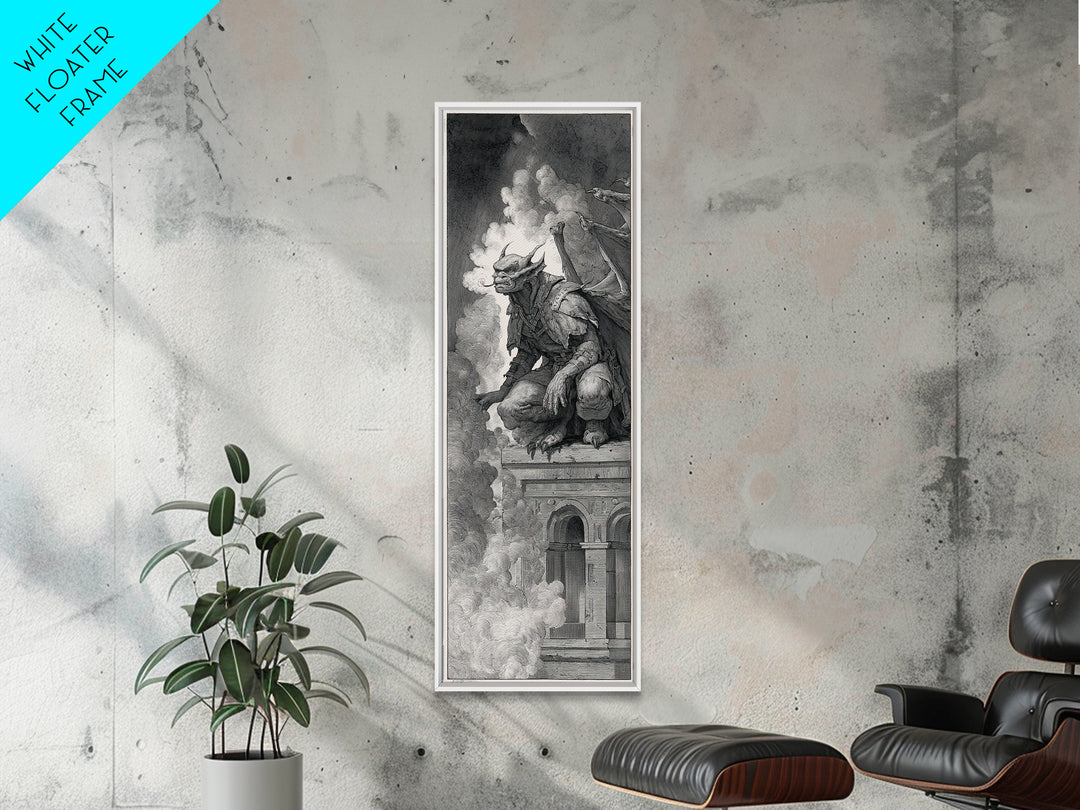 The Gargoyle Sentinel, Renaissance Engraving Art, Tall Narrow Wall Art, Dark Fantasy Wall Art, Canvas Print, Halloween Wall Art