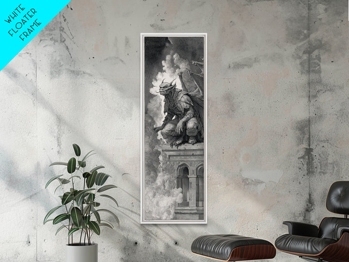 The Gargoyle Sentinel, Renaissance Engraving Art, Tall Narrow Wall Art, Dark Fantasy Wall Art, Canvas Print, Halloween Wall Art
