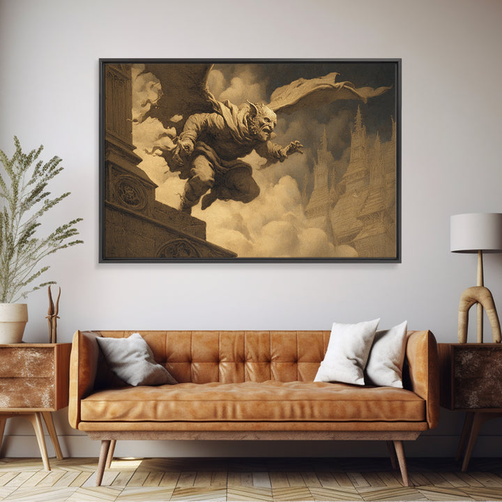 The Gargoyle Sentinel, Romantic Gothic Landscape, Landscape Wall Art, Gothic Horror Wall Art, Canvas Print, Halloween Wall Art