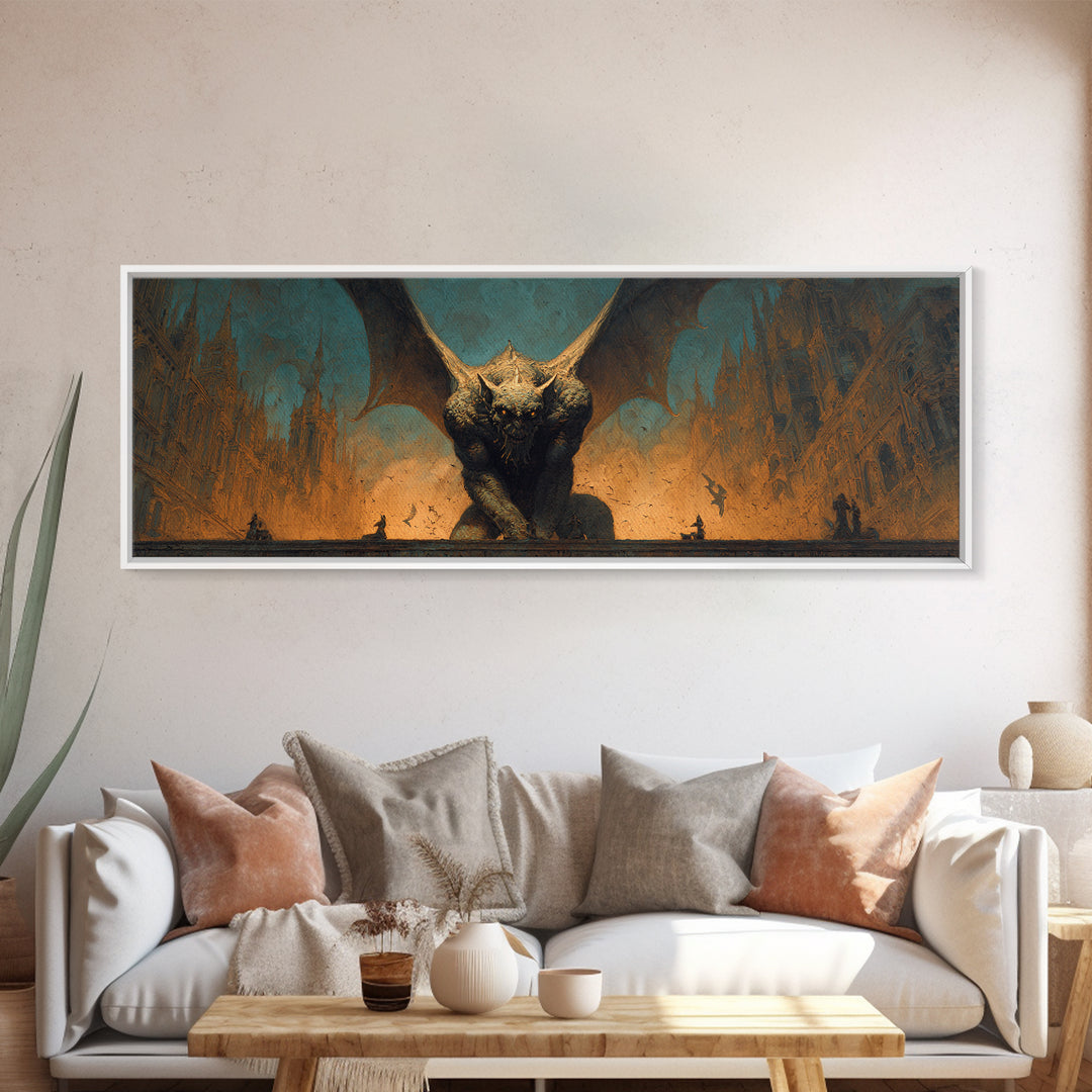The Gargoyle Sentinel, Apocalyptic Romantic Art, Extra Wide Wall Art, Gothic Horror Wall Art, Framed Canvas Print, Halloween Wall Art