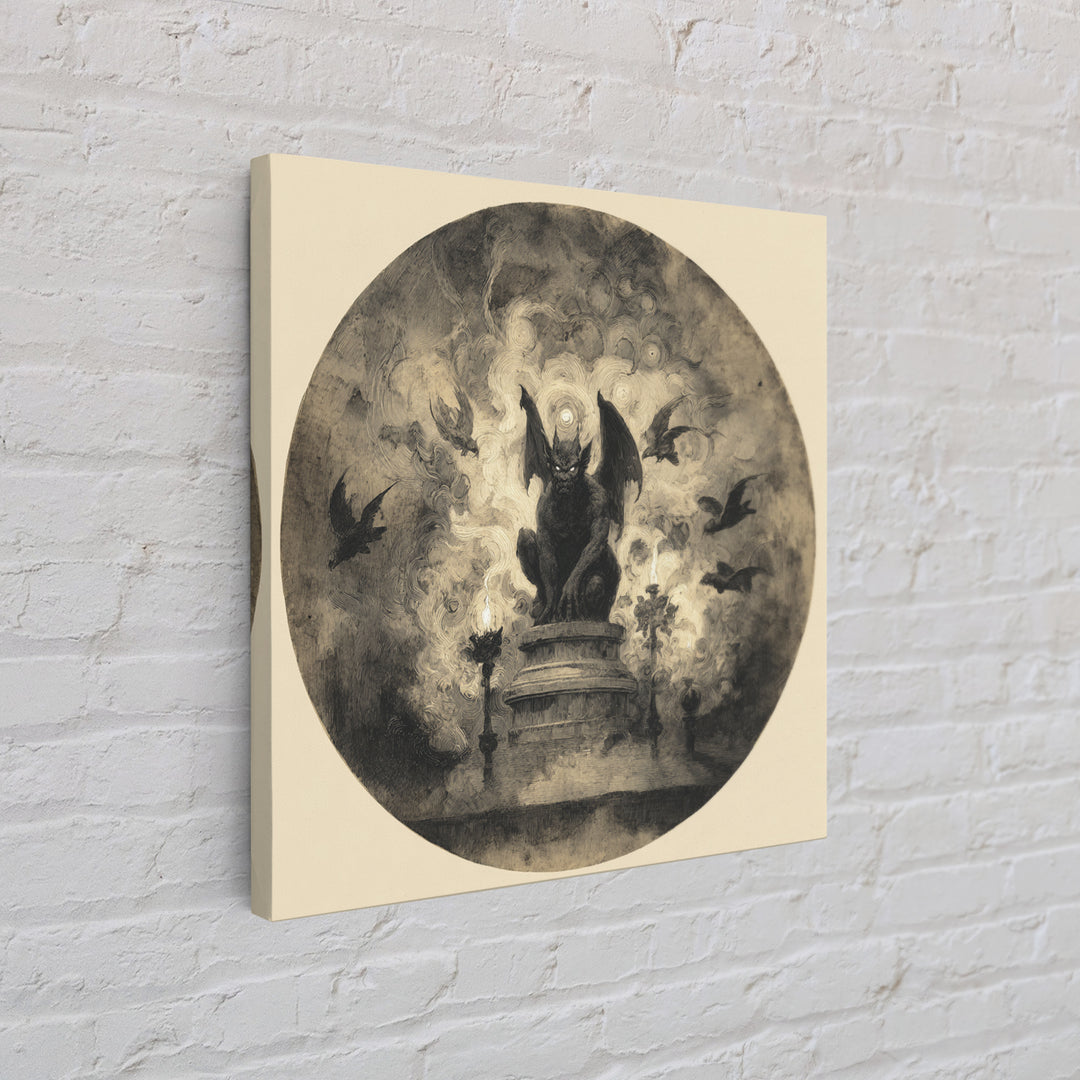 The Gargoyle Sentinel, Symbolist Dream Art, Square Wall Art, Dark Halloween Decor, Framed Canvas Print, Halloween Wall Art