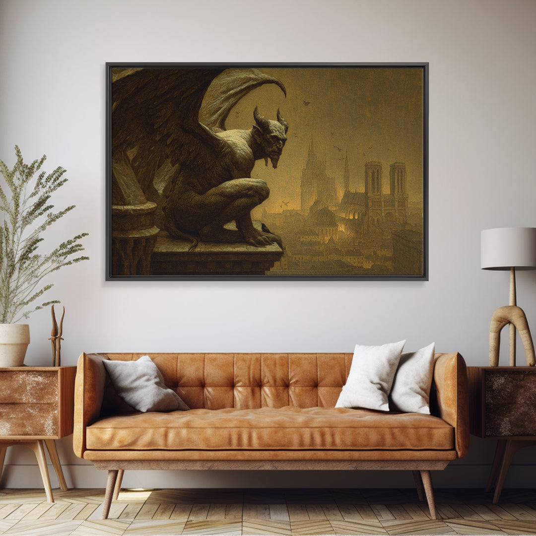 The Gargoyle Sentinel, Symbolist Gothic Landscape, Landscape Wall Art, Dark Halloween Decor, Framed Canvas Print, Halloween Wall Art