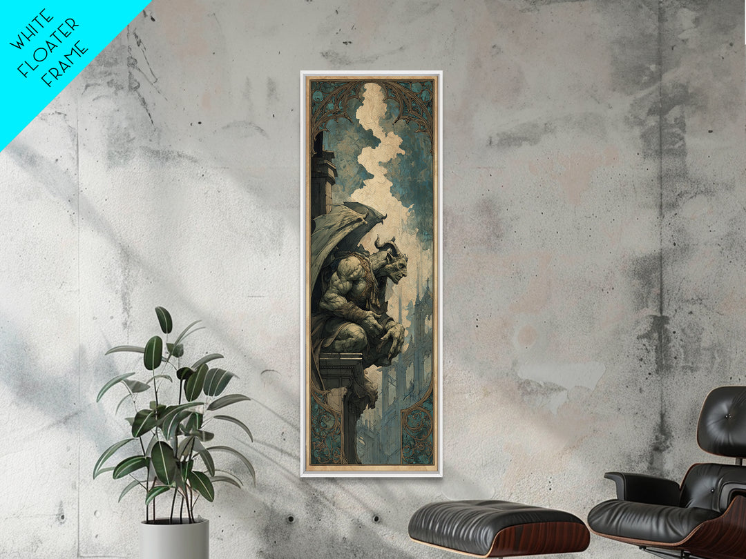 The Gargoyle Sentinel, Ornate Symbolist Art, Tall Narrow Wall Art, Dark Halloween Decor, Framed Canvas Print, Halloween Wall Art