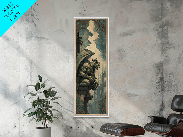 The Gargoyle Sentinel, Ornate Symbolist Art, Tall Narrow Wall Art, Dark Halloween Decor, Framed Canvas Print, Halloween Wall Art