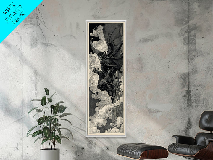 The Gargoyle Sentinel, Decadent Line Art, Tall Narrow Wall Art, Macabre Wall Art, Canvas Print, Halloween Wall Art