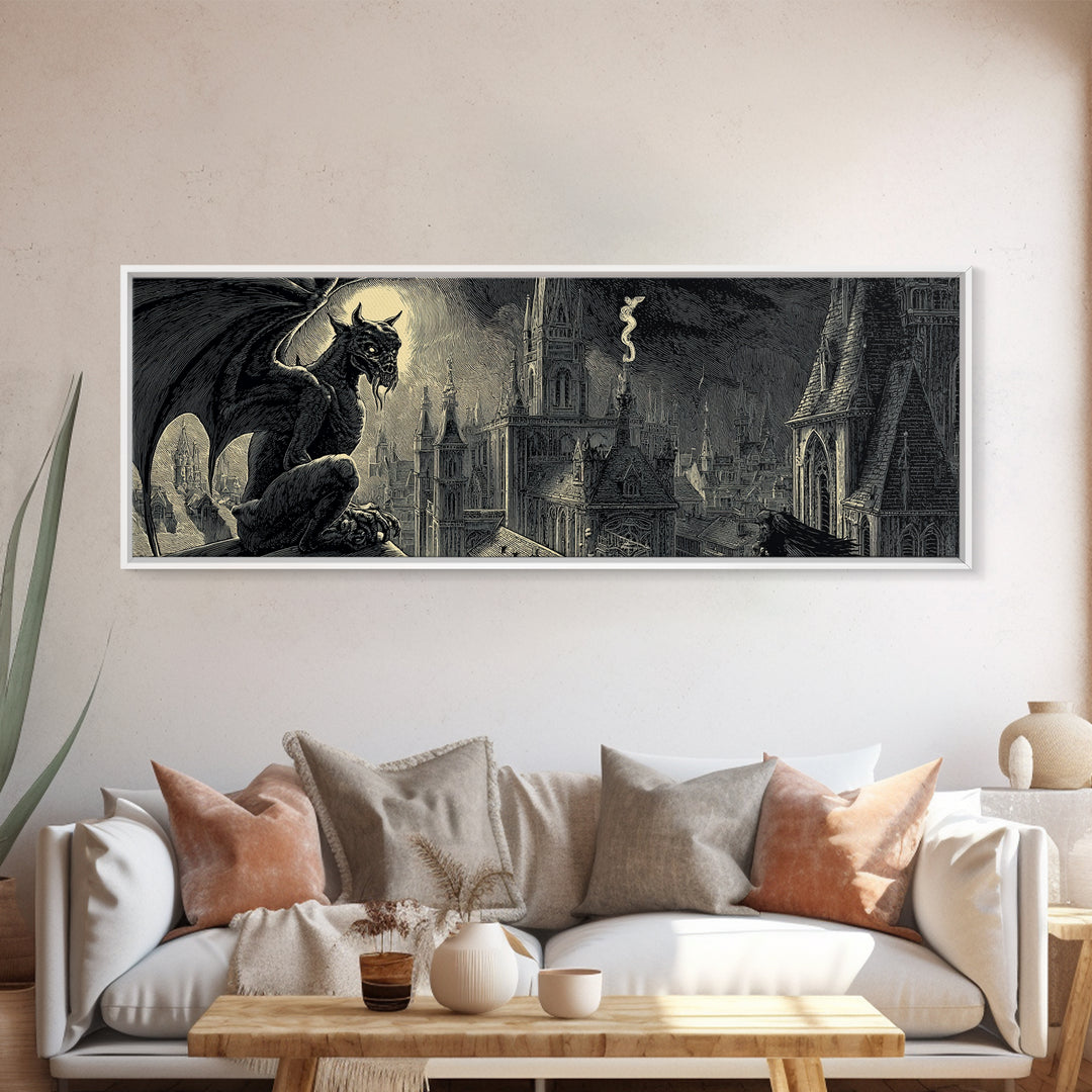 The Gargoyle Sentinel, Macabre Folk Print Art, Extra Wide Wall Art, Macabre Wall Art, Canvas Print, Halloween Wall Art