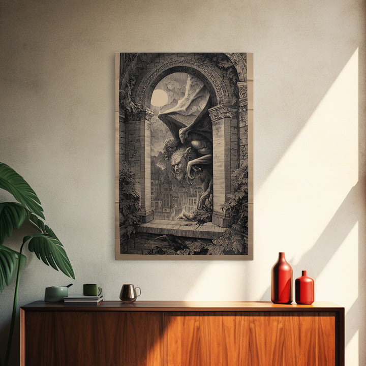 The Gargoyle Sentinel, Victorian Macabre Art, Vertical Wall Art, Dark Fantasy Wall Art, Framed Canvas Print, Halloween Wall Art