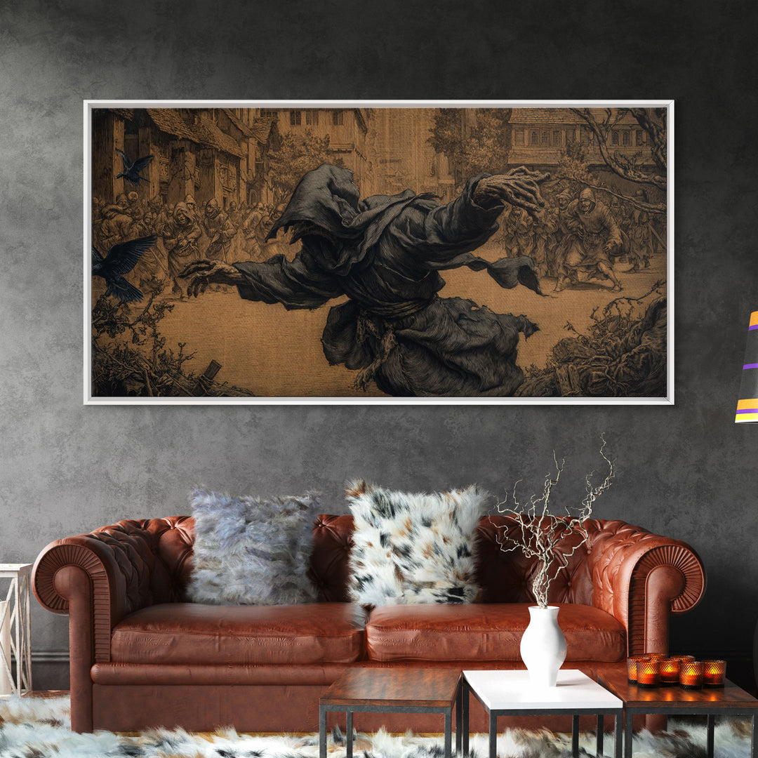 The Tattered Wraith, Northern Renaissance Horror, Wide Panoramic Art, Macabre Wall Art, Framed Canvas Print, Halloween Wall Art