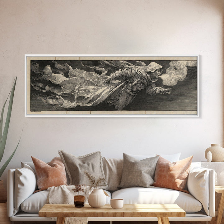 The Tattered Wraith, Renaissance Engraving Art, Extra Wide Wall Art, Gothic Horror Wall Art, Canvas Print, Halloween Wall Art