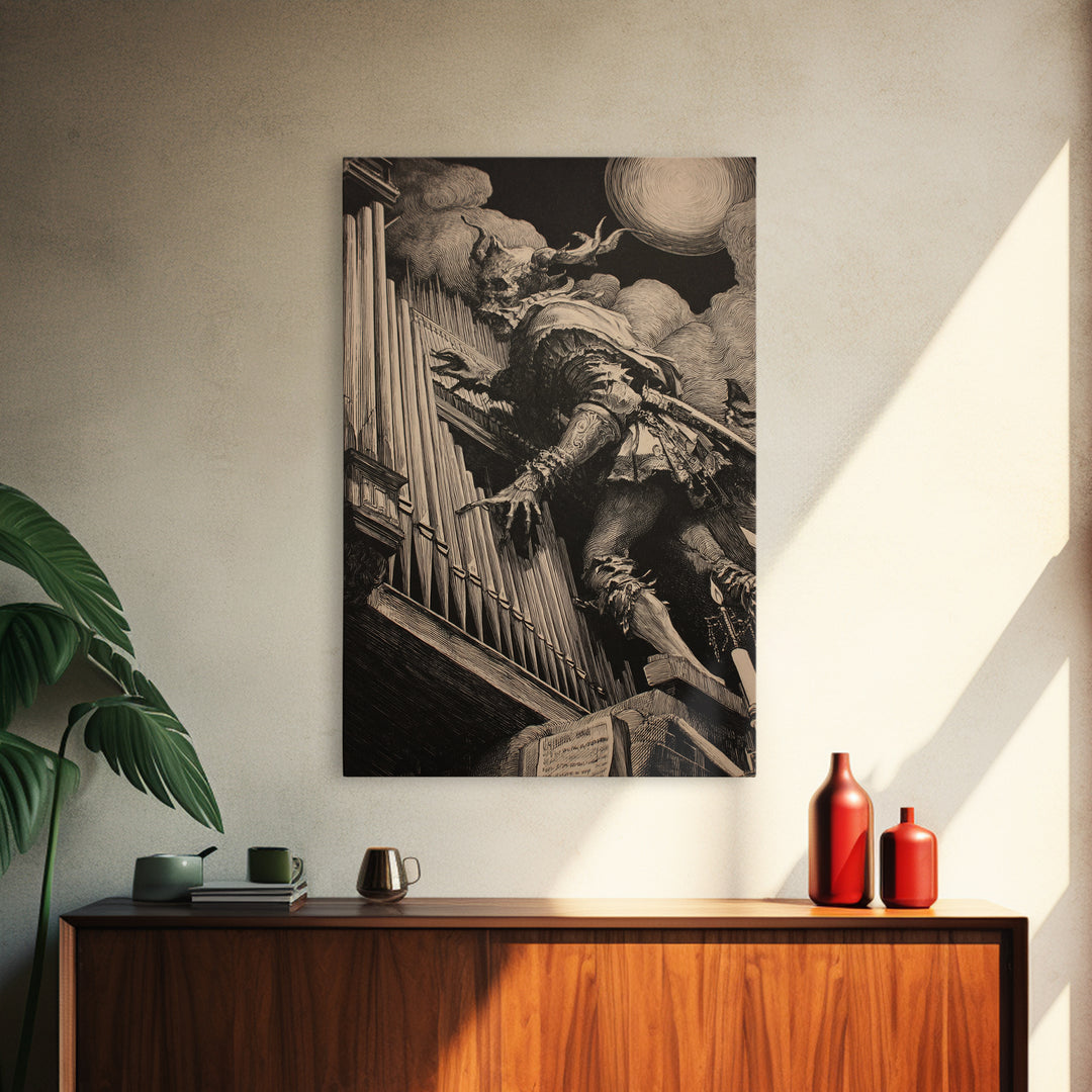 The Phantom Organist, Renaissance Engraving Art, Vertical Wall Art, Macabre Wall Art, Canvas Print, Halloween Wall Art, Statement Wall Art
