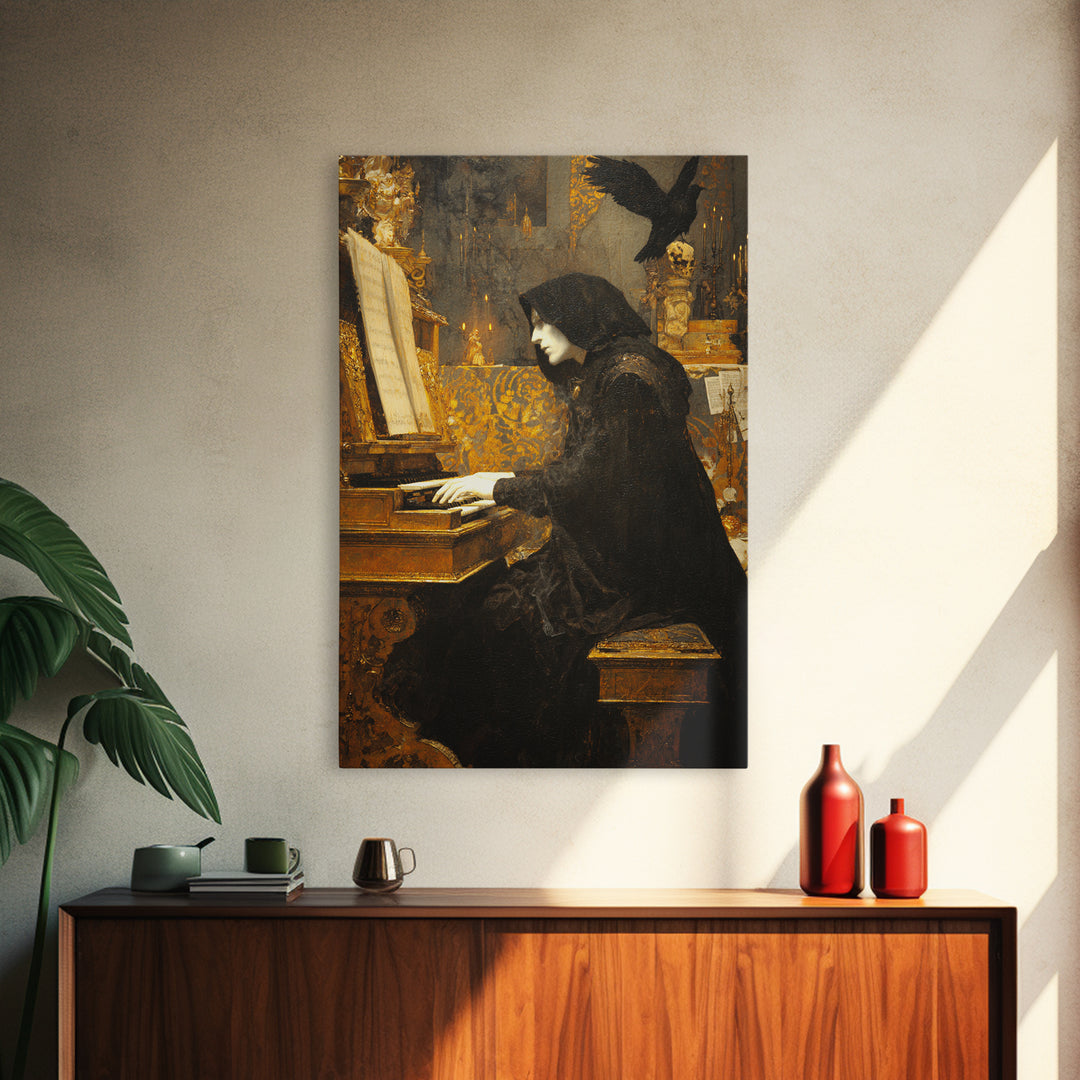 The Phantom Organist, Ornate Symbolist Art, Vertical Wall Art, Dark Fantasy Wall Art, Framed Canvas Print, Halloween Wall Art