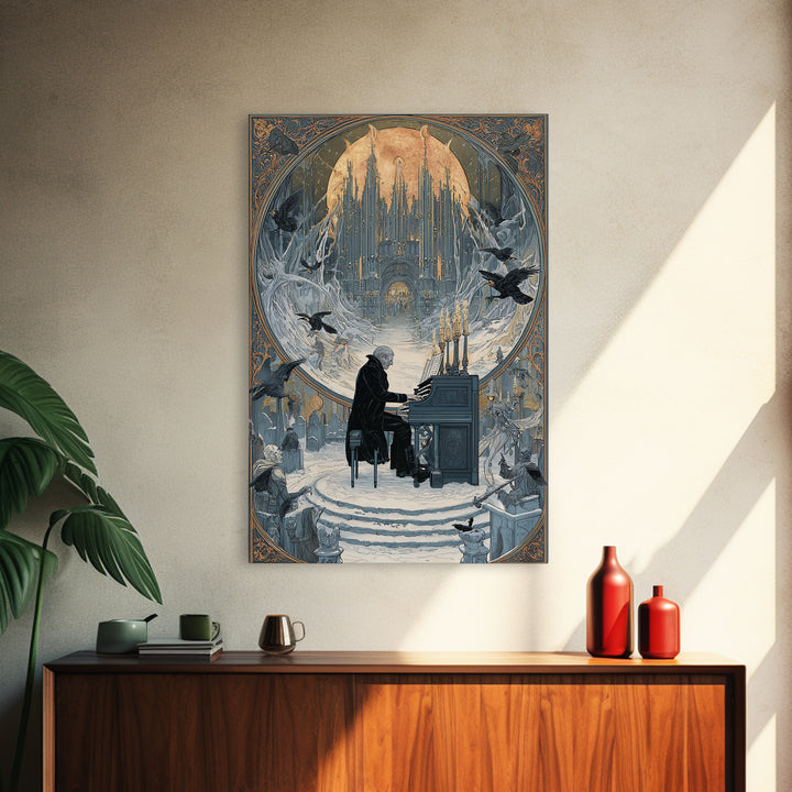 The Phantom Organist, Symbolist Death Art, Vertical Wall Art, Dark Fantasy Wall Art, Framed Canvas Print, Halloween Wall Art