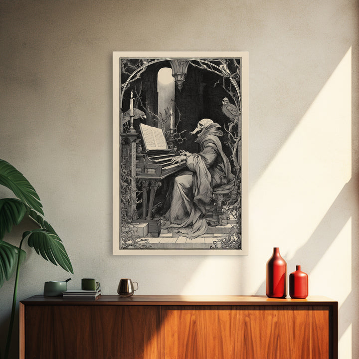 The Phantom Organist, Symbolist Etching Art, Vertical Wall Art, Dark Fantasy Wall Art, Framed Canvas Print, Halloween Wall Art