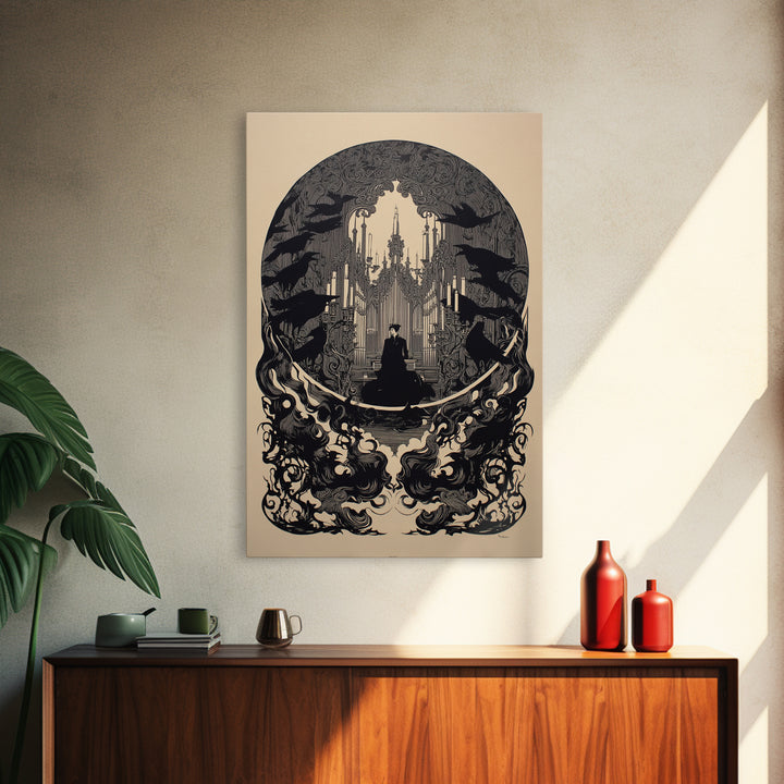 The Phantom Organist, Decadent Line Art, Vertical Wall Art, Gothic Horror Wall Art, Framed Canvas Print, Halloween Wall Art