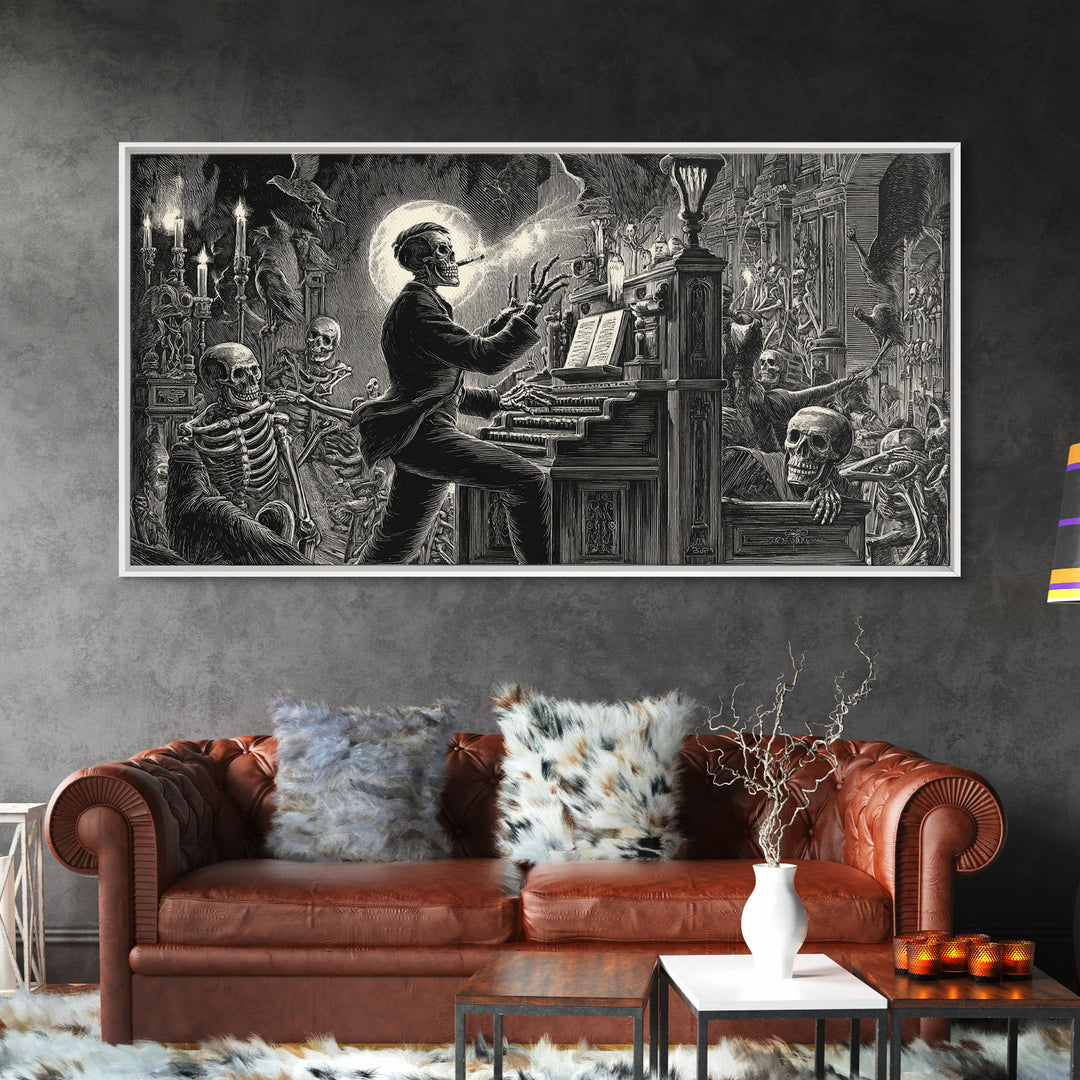 The Phantom Organist, Macabre Folk Print Art, Wide Panoramic Art, Dark Fantasy Wall Art, Framed Canvas Print, Halloween Wall Art