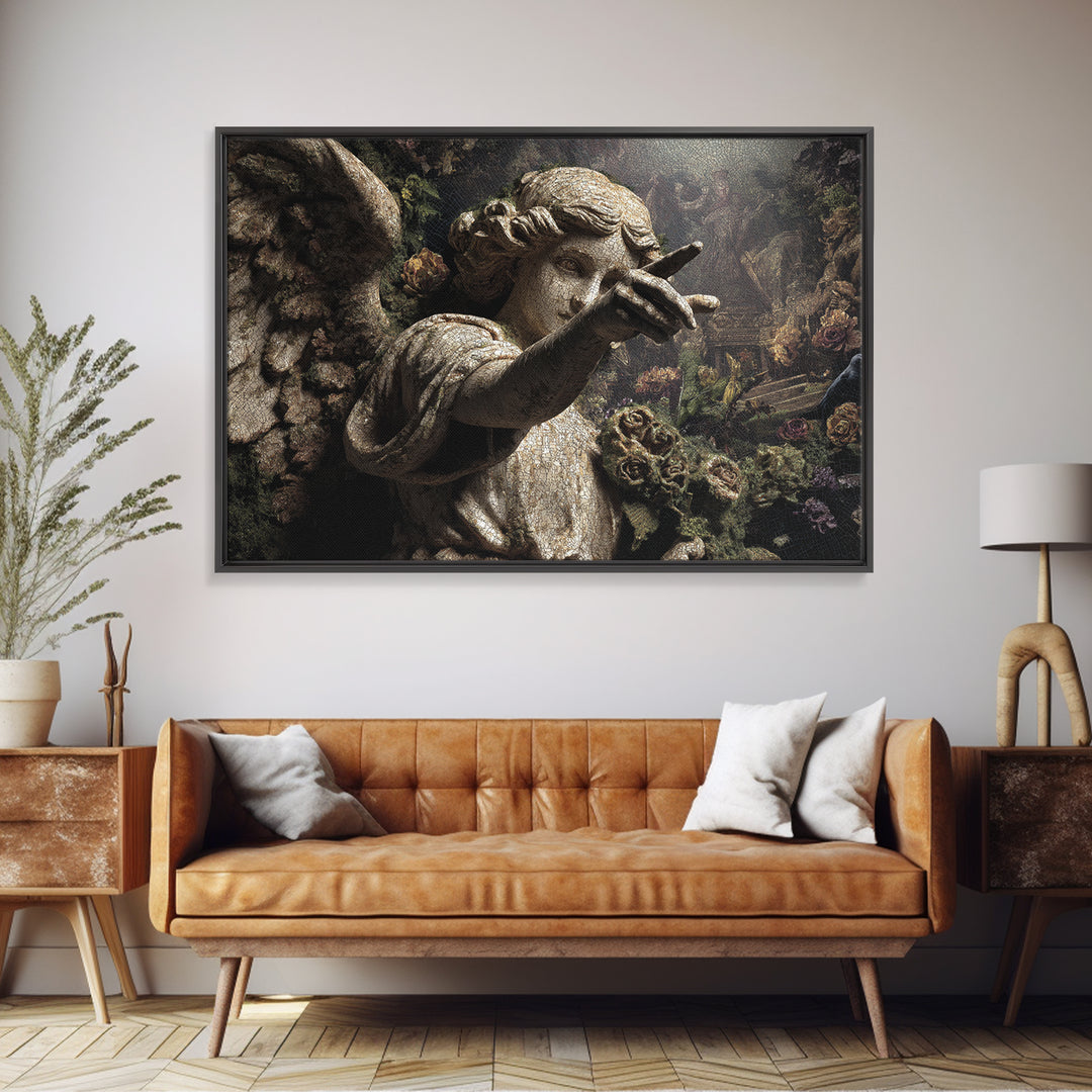 The Weeping Cemetery Angel, Medieval Grotesque Art, Landscape Wall Art, Dark Halloween Decor, Framed Canvas Print, Halloween Wall Art