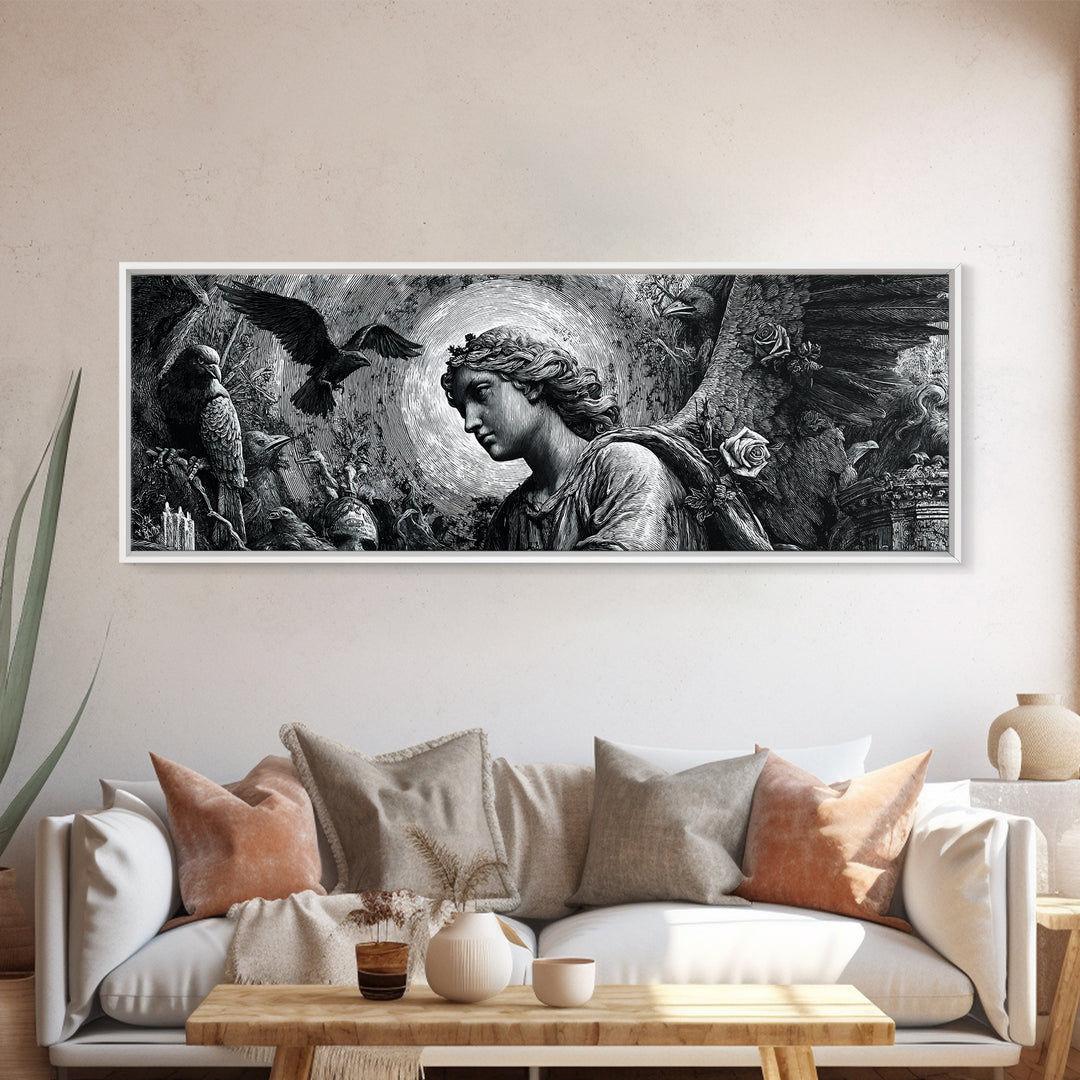 The Weeping Cemetery Angel, Renaissance Engraving Art, Extra Wide Wall Art, Dark Fantasy Wall Art, Canvas Print, Halloween Wall Art