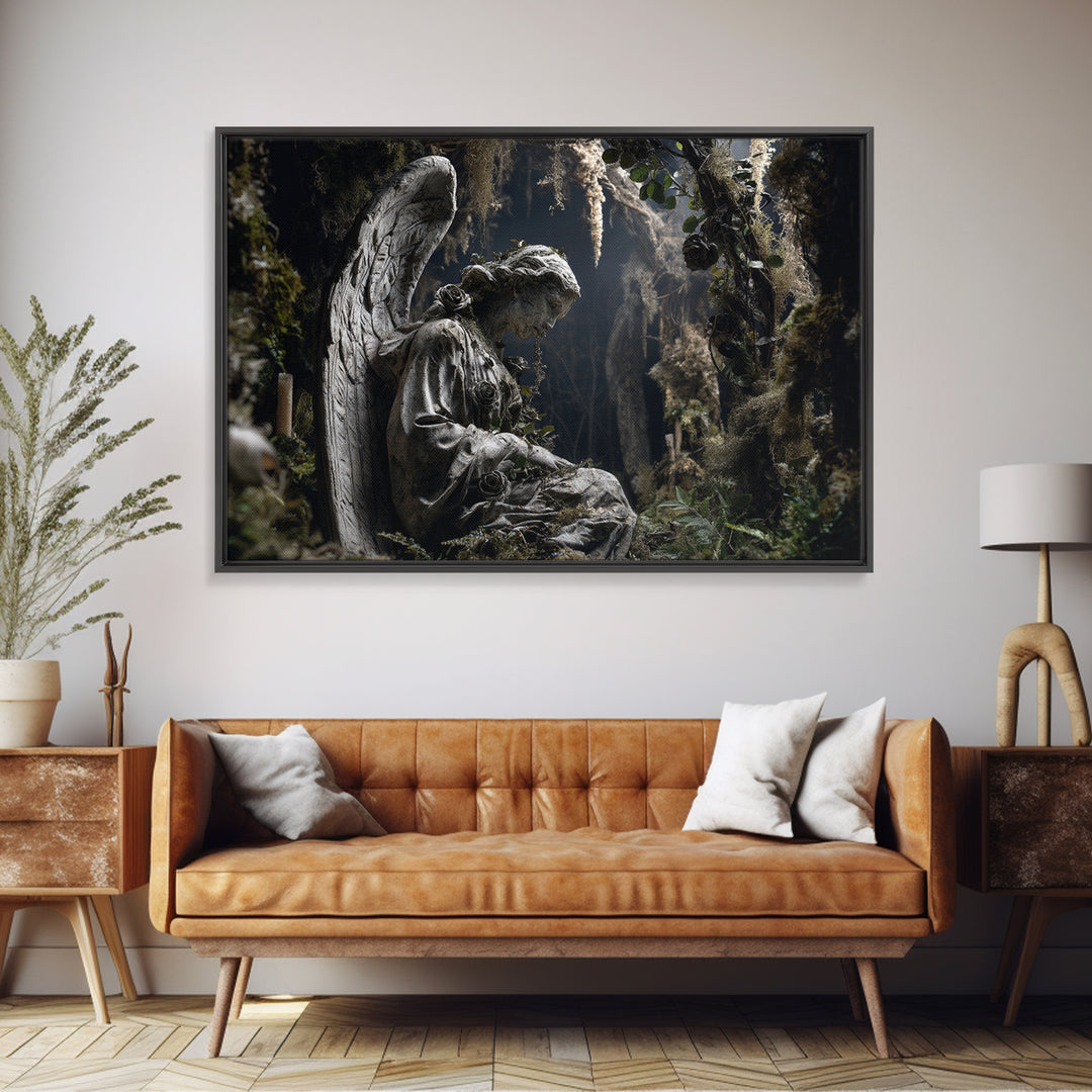 The Weeping Cemetery Angel, Baroque Witchcraft Art, Landscape Wall Art, Dark Halloween Decor, Canvas Print, Halloween Wall Art