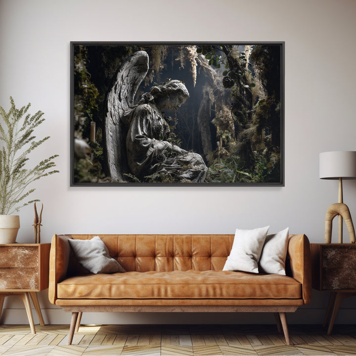The Weeping Cemetery Angel, Baroque Witchcraft Art, Landscape Wall Art, Dark Halloween Decor, Canvas Print, Halloween Wall Art