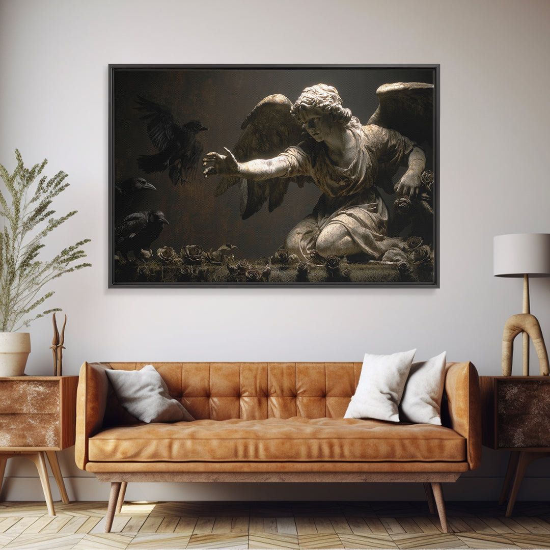 The Weeping Cemetery Angel, Dark Romantic Horror Art, Landscape Wall Art, Macabre Wall Art, Framed Canvas Print, Halloween Wall Art