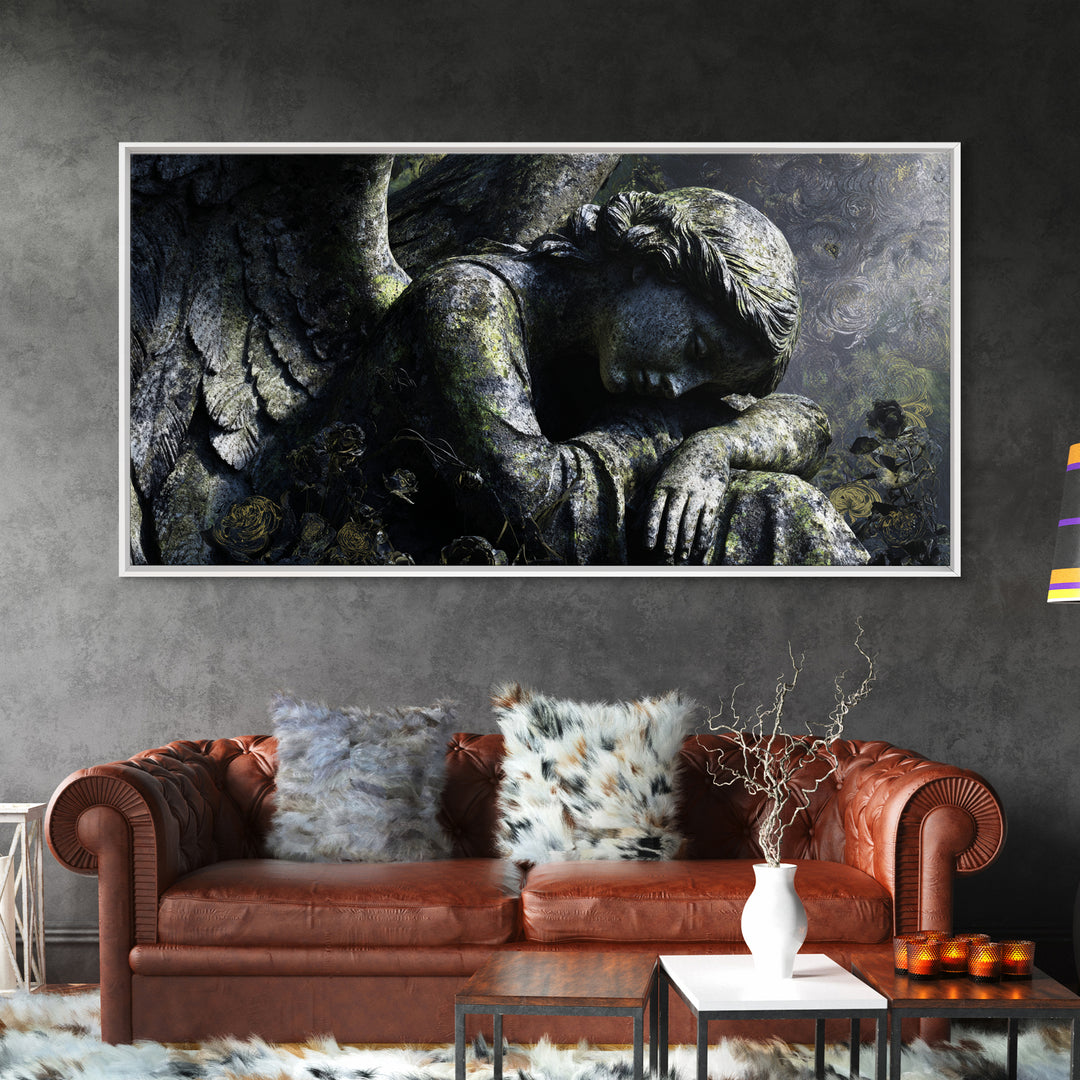 The Weeping Cemetery Angel, Visionary Gothic Art, Wide Panoramic Art, Macabre Wall Art, Framed Canvas Print, Halloween Wall Art