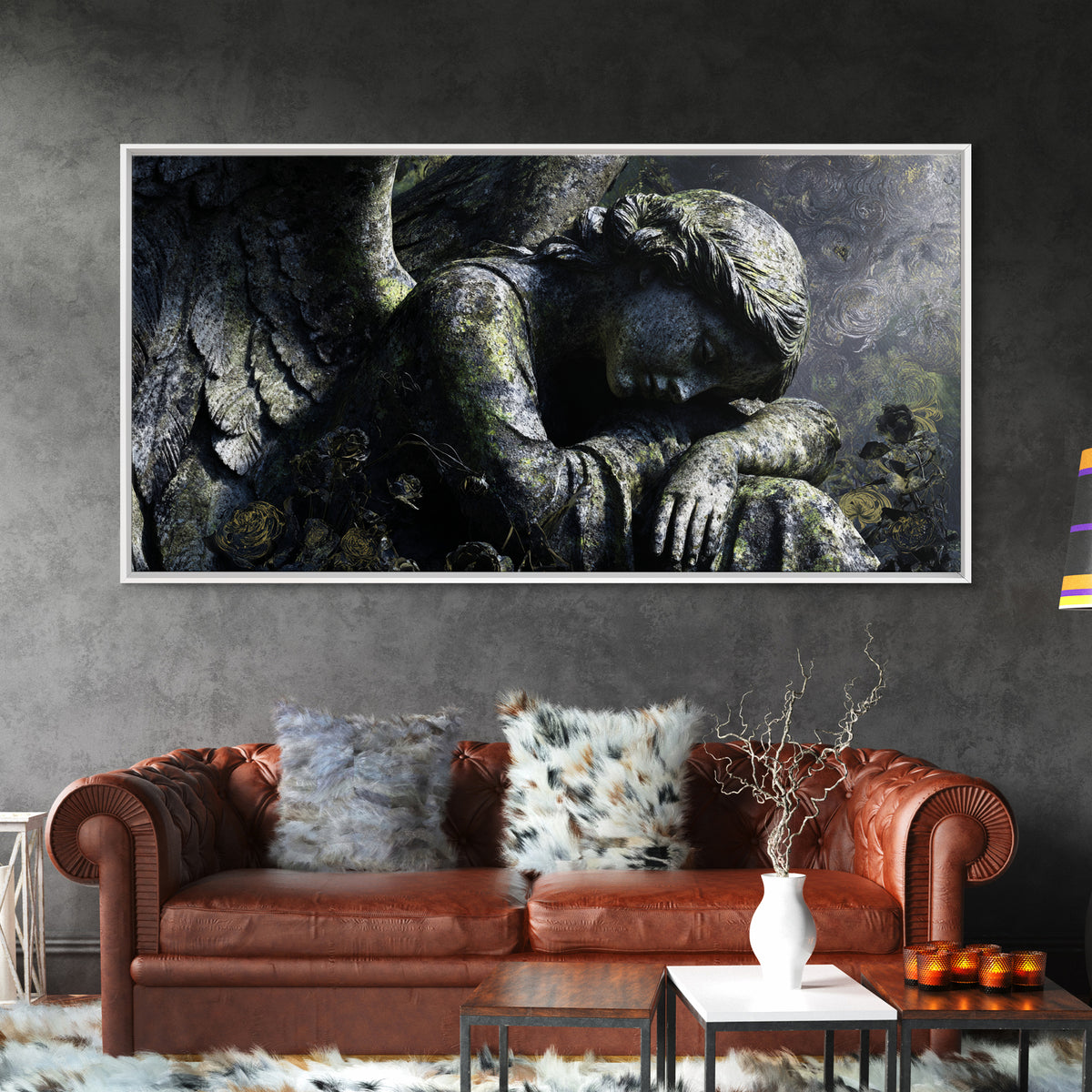 The Weeping Cemetery Angel, Visionary Gothic Art, Wide Panoramic Art, Macabre Wall Art, Framed Canvas Print, Halloween Wall Art