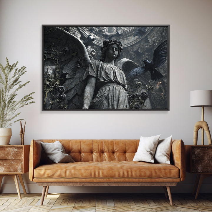 The Weeping Cemetery Angel, Architectural Etching Art, Landscape Wall Art, Dark Fantasy Wall Art, Canvas Print