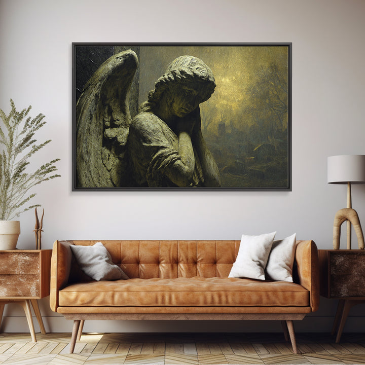 The Weeping Cemetery Angel, Romantic Gothic Landscape, Landscape Wall Art, Dark Fantasy Wall Art, Framed Canvas Print