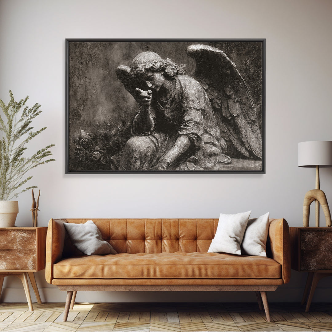 The Weeping Cemetery Angel, Symbolist Dream Art, Landscape Wall Art, Dark Fantasy Wall Art, Canvas Print, Halloween Wall Art