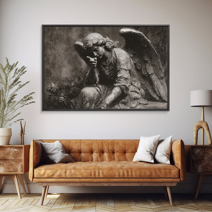 The Weeping Cemetery Angel, Symbolist Dream Art, Landscape Wall Art, Dark Fantasy Wall Art, Canvas Print, Halloween Wall Art