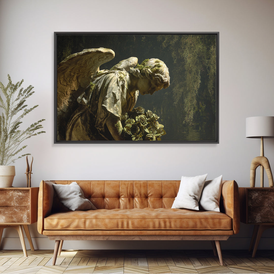 The Weeping Cemetery Angel, Symbolist Gothic Landscape, Landscape Wall Art, Dark Fantasy Wall Art, Framed Canvas Print, Halloween Wall Art