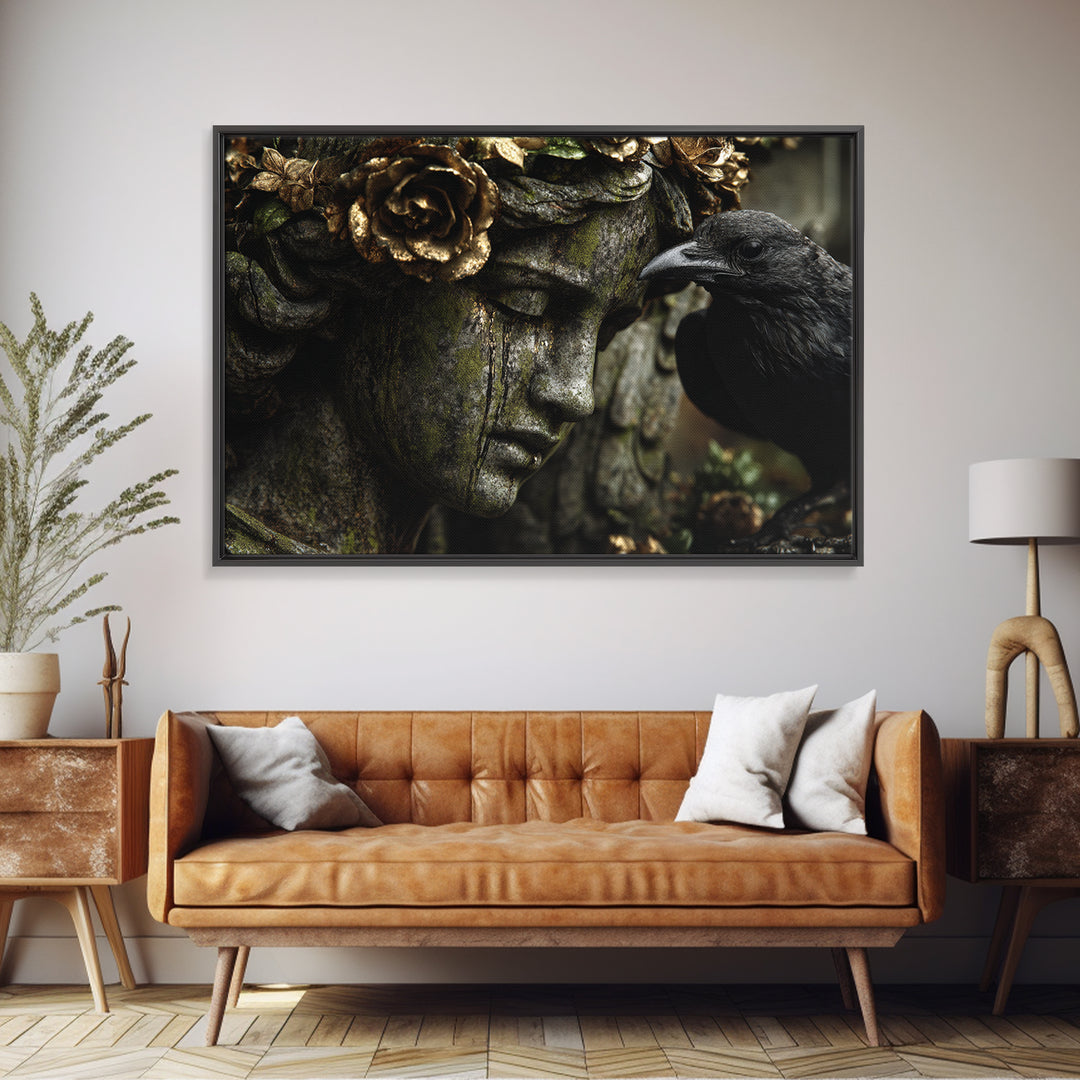 The Weeping Cemetery Angel, Ornate Symbolist Art, Landscape Wall Art, Gothic Horror Wall Art, Framed Canvas Print, Halloween Wall Art
