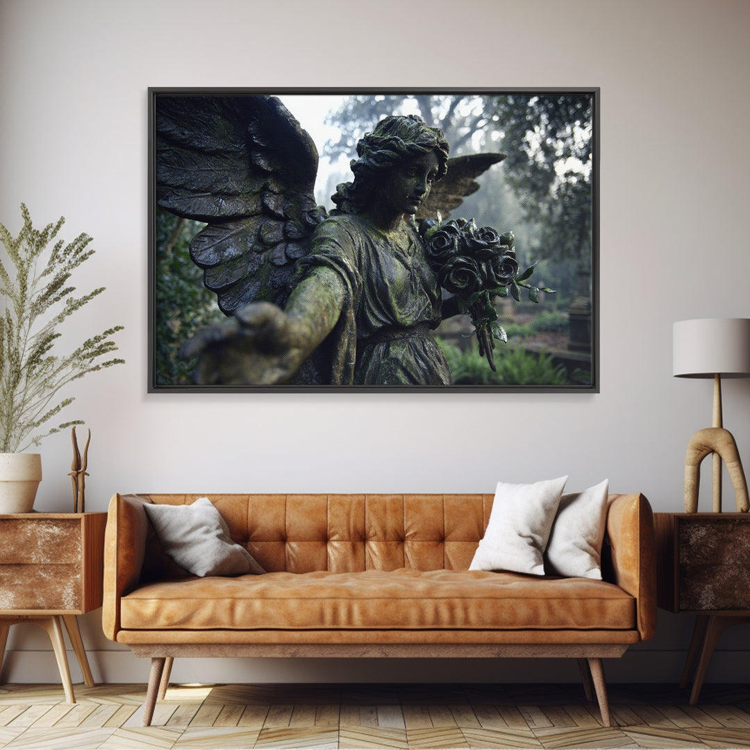 The Weeping Cemetery Angel, Symbolist Etching Art, Landscape Wall Art, Dark Fantasy Wall Art, Canvas Print, Halloween Wall Art