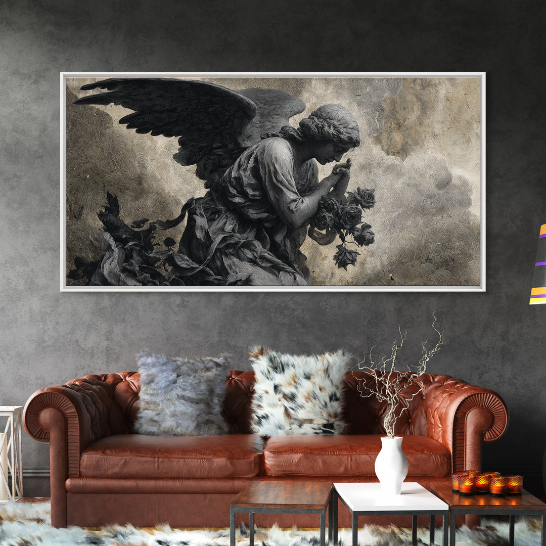 The Weeping Cemetery Angel, Expressionist Nightmare Art, Wide Panoramic Art, Gothic Horror Wall Art, Framed Canvas Print, Halloween Wall Art