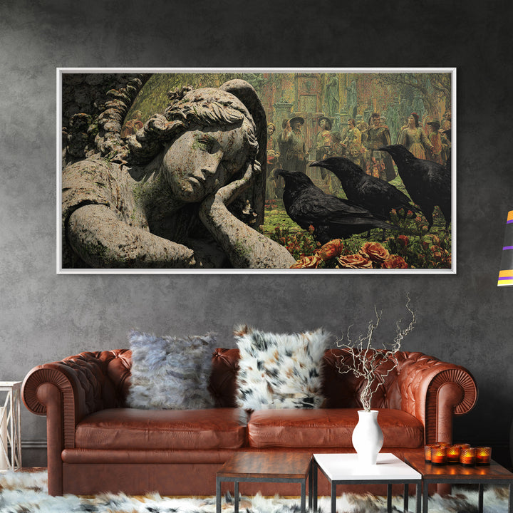 The Weeping Cemetery Angel, Grotesque Carnival Art, Wide Panoramic Art, Dark Halloween Decor, Framed Canvas Print, Halloween Wall Art