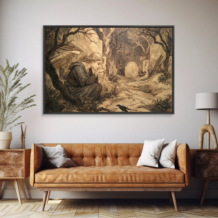 The Weeping Cemetery Angel, Gothic Storybook Art, Landscape Wall Art, Dark Fantasy Wall Art, Canvas Print, Halloween Wall Art