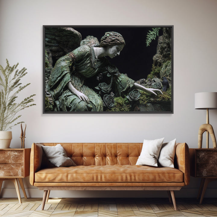 The Weeping Cemetery Angel, Stained Glass Gothic Art, Landscape Wall Art, Dark Fantasy Wall Art, Framed Canvas Print, Halloween Wall Art