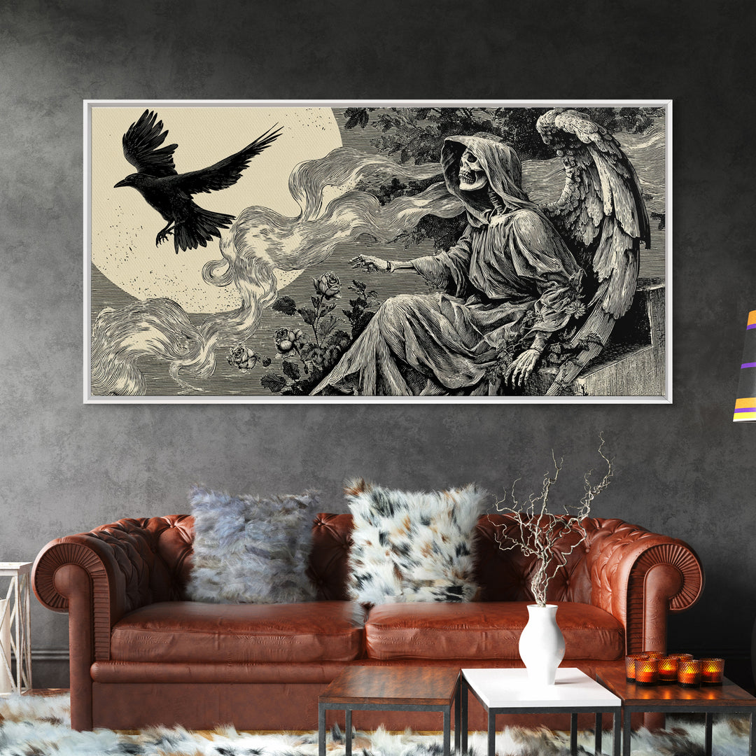The Weeping Cemetery Angel, Macabre Folk Print Art, Wide Panoramic Art, Macabre Wall Art, Canvas Print, Halloween Wall Art