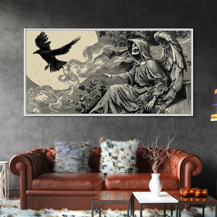 The Weeping Cemetery Angel, Macabre Folk Print Art, Wide Panoramic Art, Macabre Wall Art, Canvas Print, Halloween Wall Art