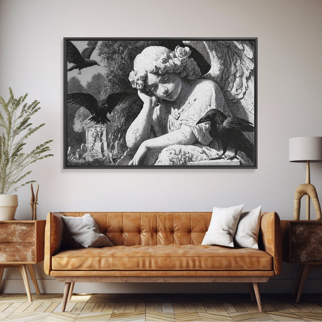 The Weeping Cemetery Angel, Victorian Macabre Art, Landscape Wall Art, Dark Fantasy Wall Art, Framed Canvas Print, Halloween Wall Art