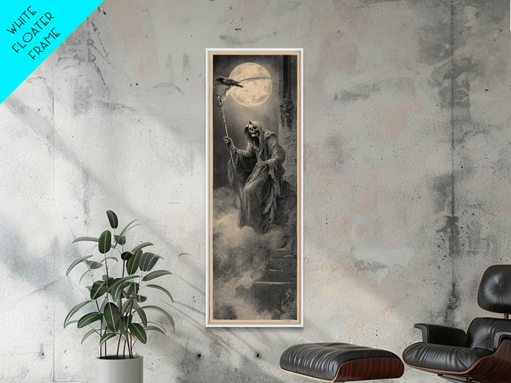 The Fog-Bound Reaper, Gothic Engraving Art, Tall Narrow Wall Art, Dark Halloween Decor, Framed Canvas Print, Halloween Wall Art